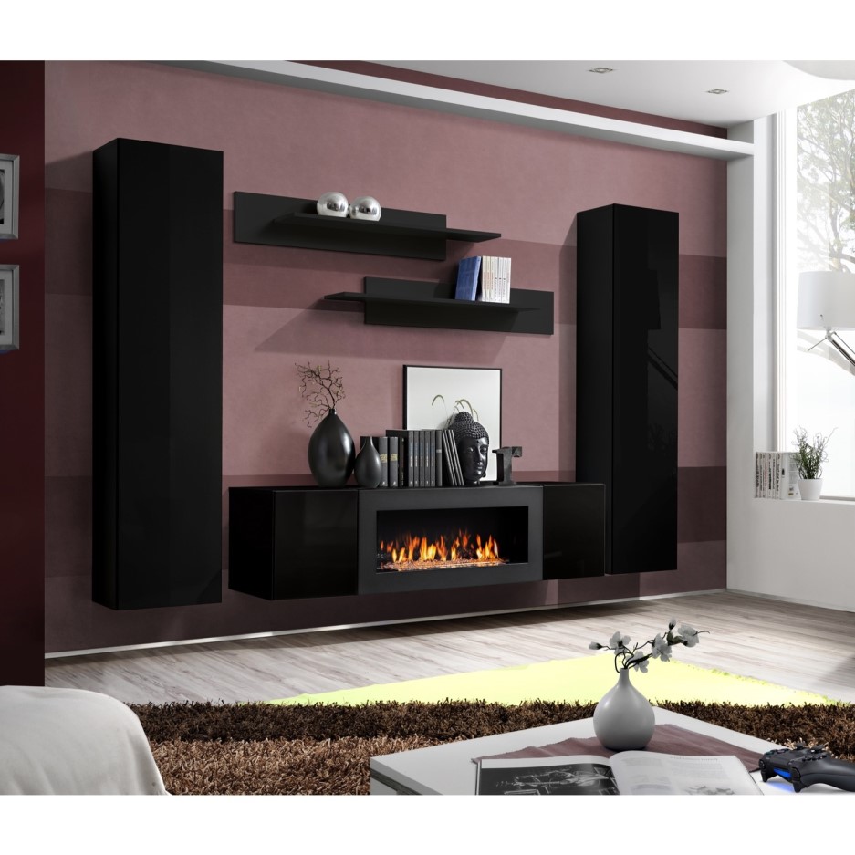 Black Floating TV Unit with Fireplace - Neo | Furniture123