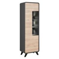 Tall Display Cabinet in Grey & Wood with LED Lighting - Neo