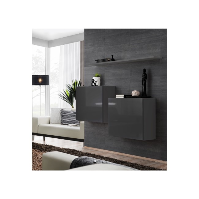 Two Grey Floating Wall Mount Square Display Cabinets - Neo