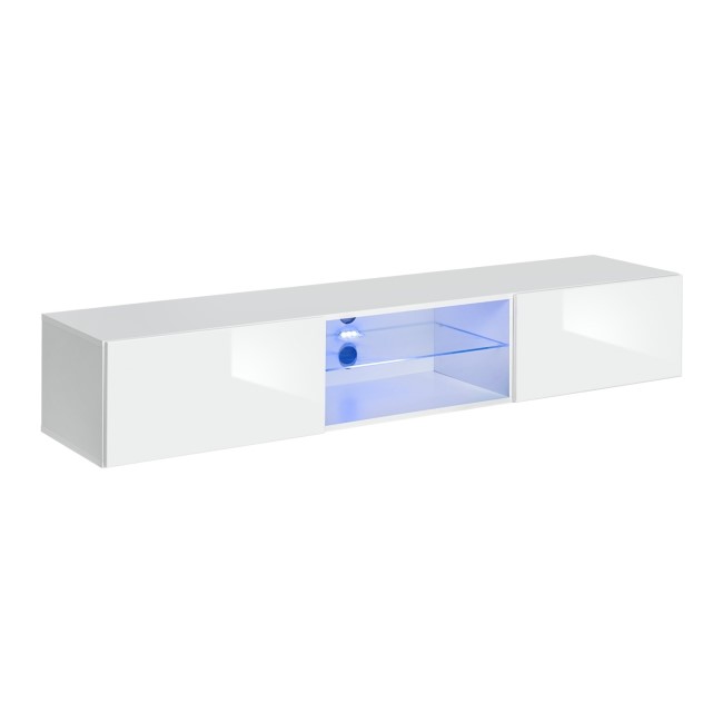 White Floating TV Unit with LED Lighting & Open Middle Shelf - Neo