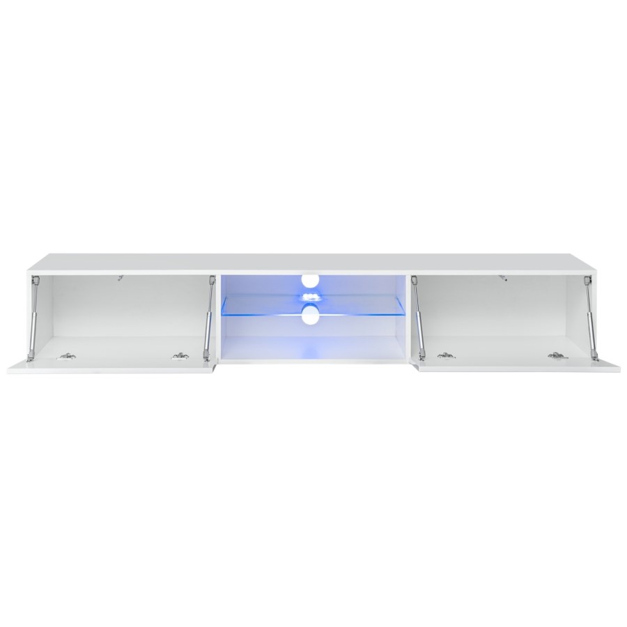 White Floating TV Unit with LED Lighting & Open Middle Shelf - Neo