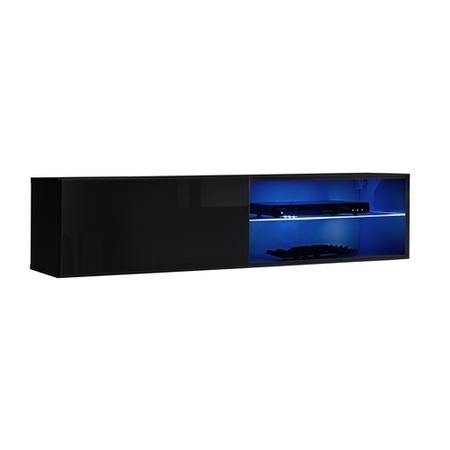 Black Floating TV Unit with LED Lighting & Open Side Shelf - Neo