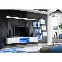 White Floating TV Unit with LED Lighting & Open Shelves - Neo