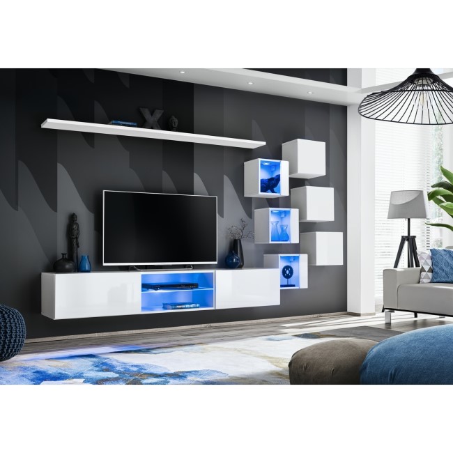 White Floating TV Unit with LED Lighting & Open Shelves - Neo