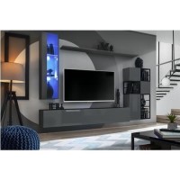 Grey Floating TV Unit with LED Lighting & Wall Shelves - Neo