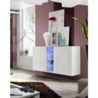 White Floating Sideboard with LED Lighting & Glass Shelves - Neo