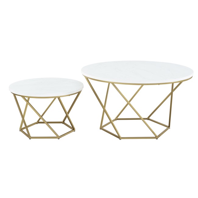 White Faux Marble Nesting Tables with Gold Metal Base