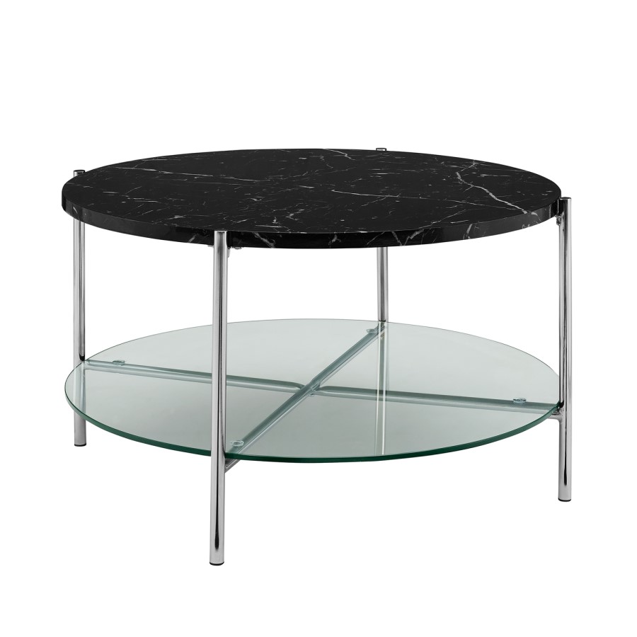 Round Black Faux Marble Coffee Table with Silver & Glass Base