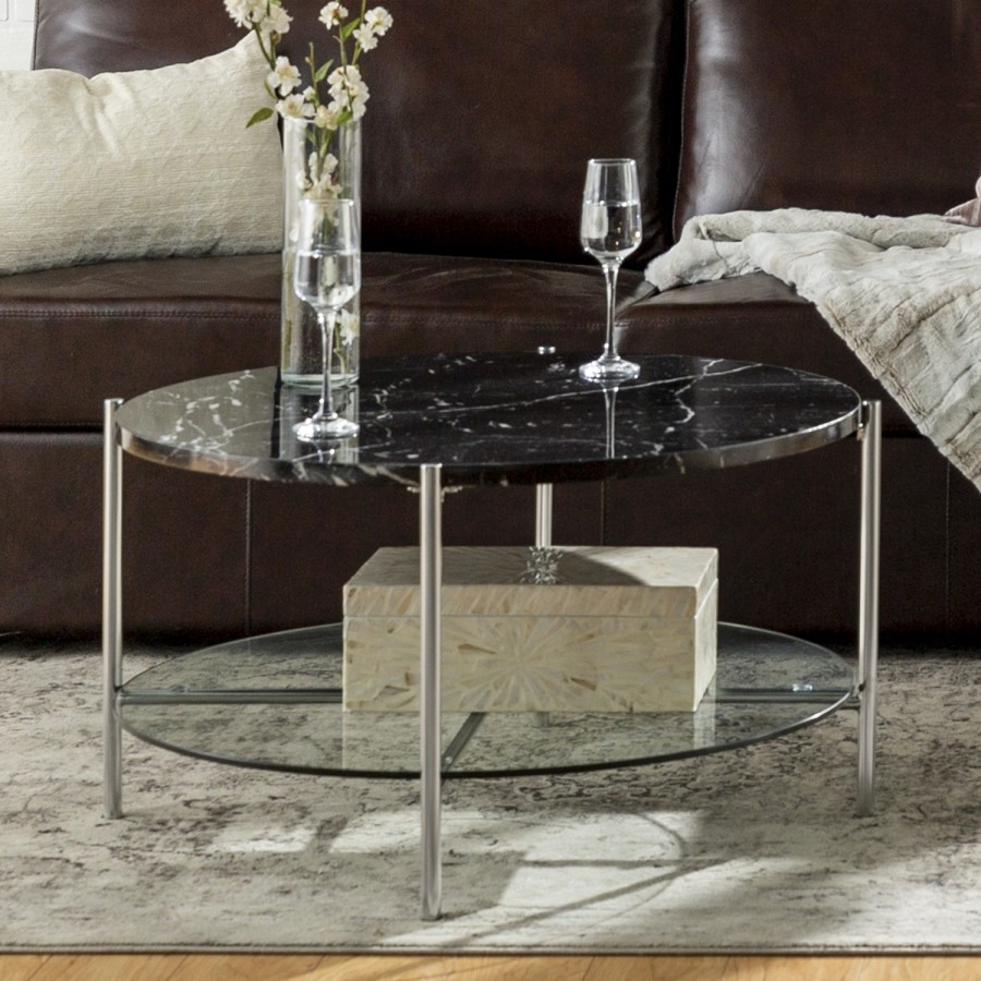 Round Black Faux Marble Coffee Table with Silver & Glass Base