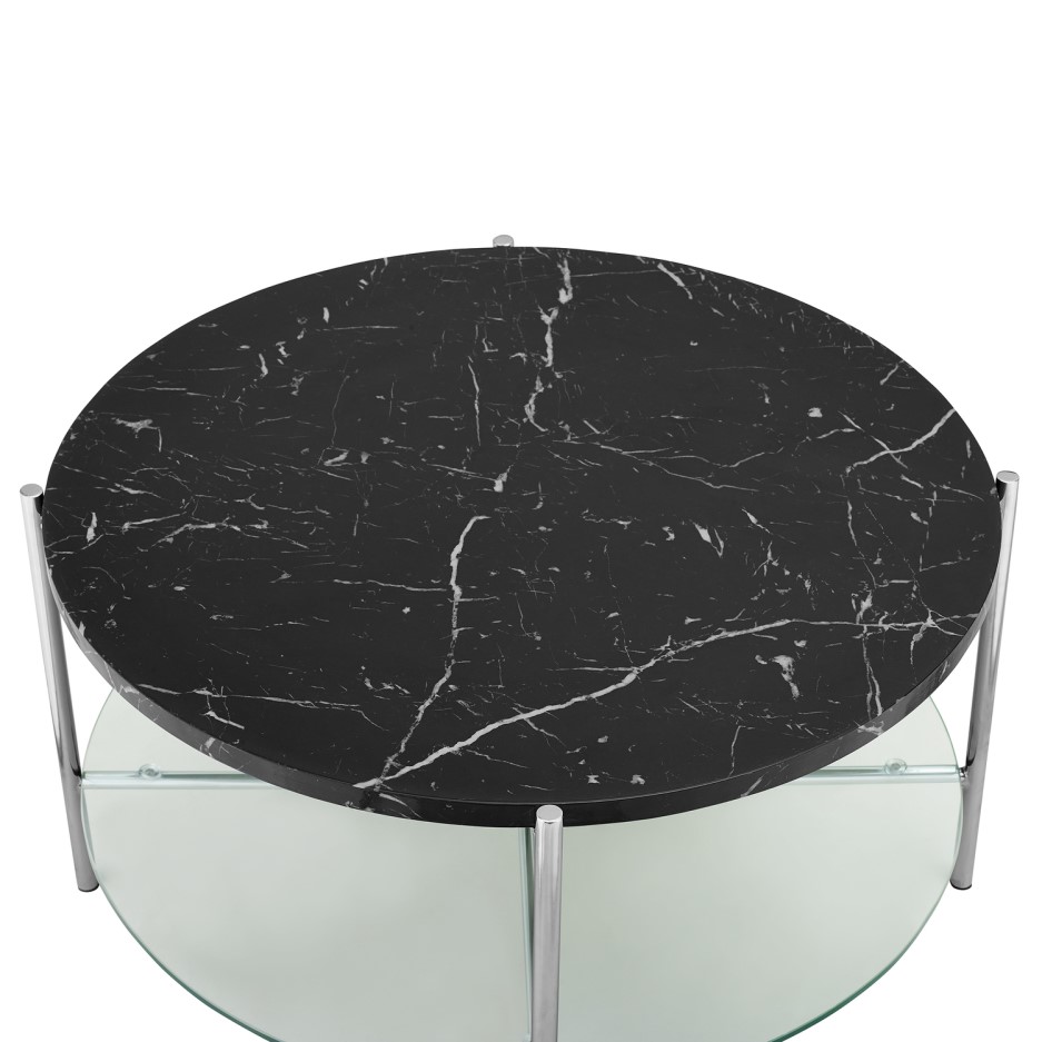 Round Black Faux Marble Coffee Table with Silver & Glass Base