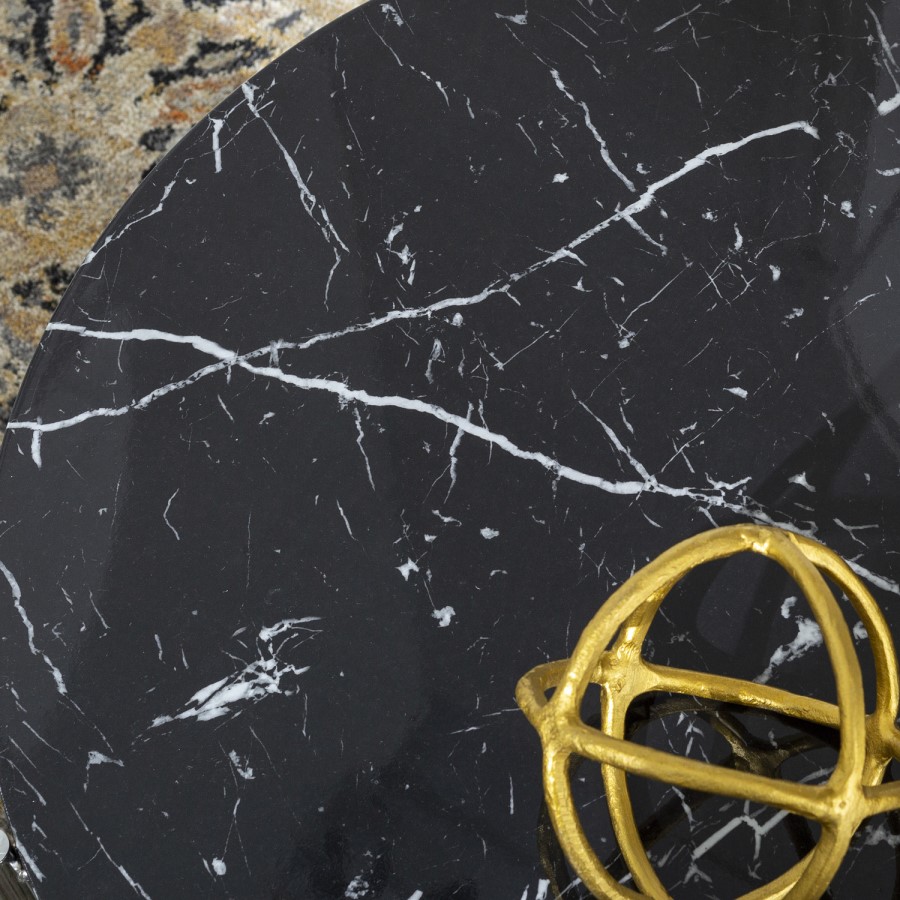 Round Black Faux Marble Coffee Table with Silver & Glass Base