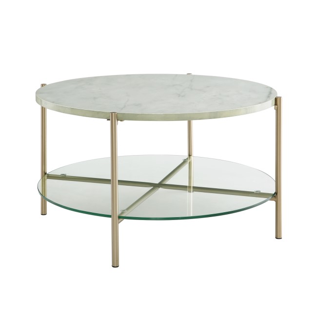 White Faux Marble Round Coffee Table with Gold Legs & Glass Shelf