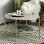 White Faux Marble Round Coffee Table with Gold Legs & Glass Shelf