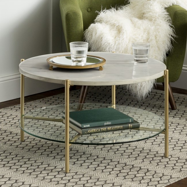 White Faux Marble Round Coffee Table with Gold Legs & Glass Shelf