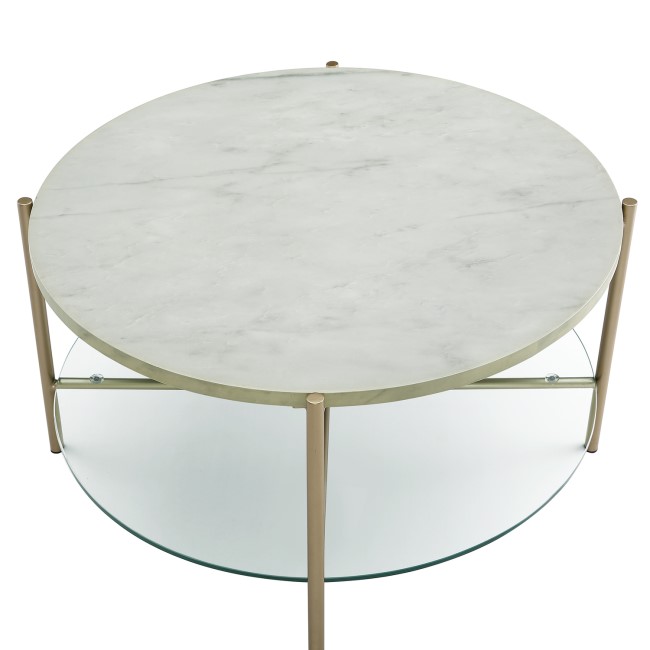 White Faux Marble Round Coffee Table with Gold Legs & Glass Shelf