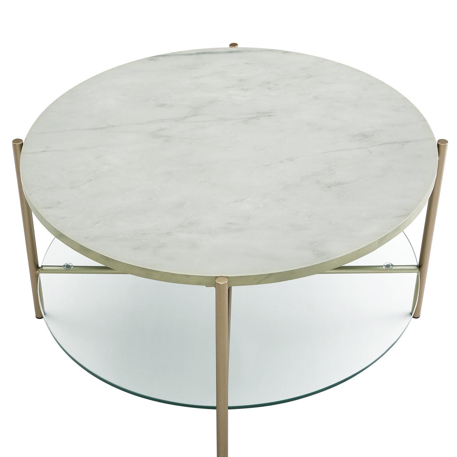White Faux Marble Round Coffee Table, Round Coffee Table With Glass Top And Shelf