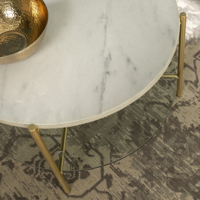 White Faux Marble Round Coffee Table with Gold Legs & Glass Shelf