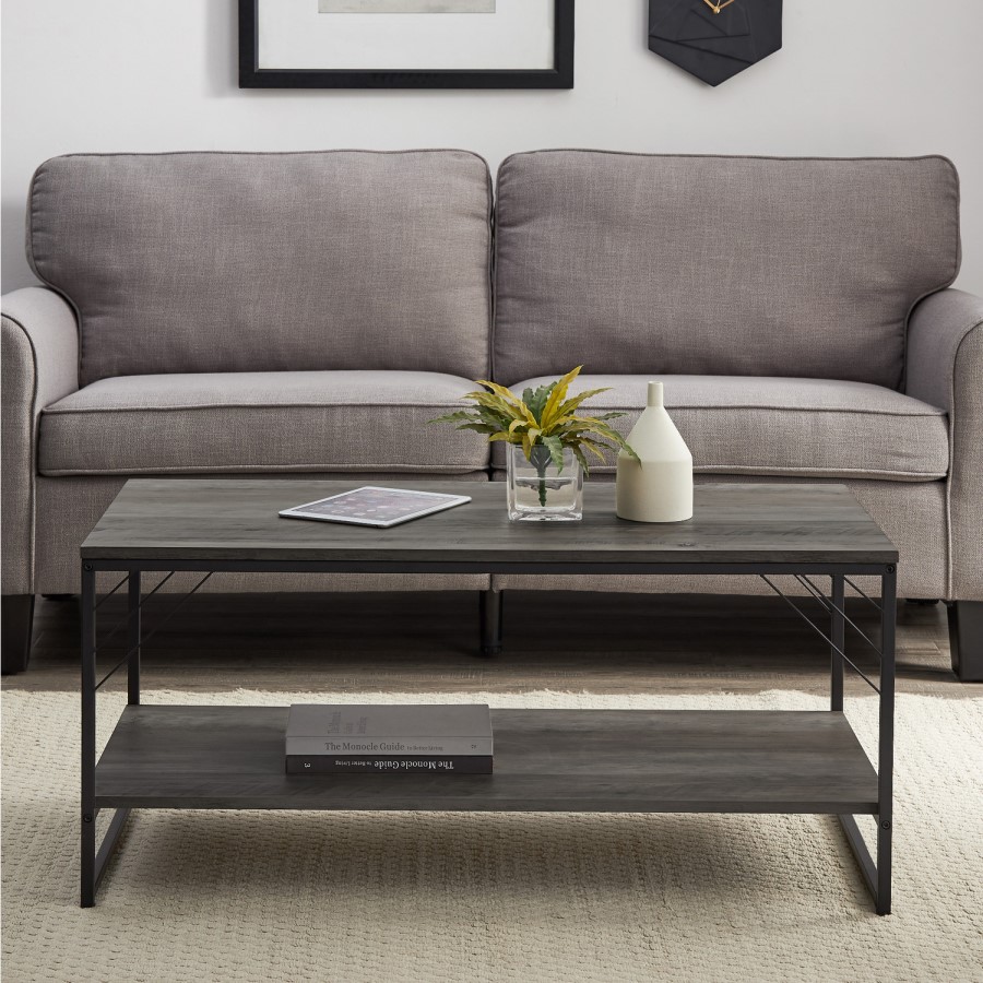 Dark Grey Wash Coffee Table with Black Metal Base- Industrial