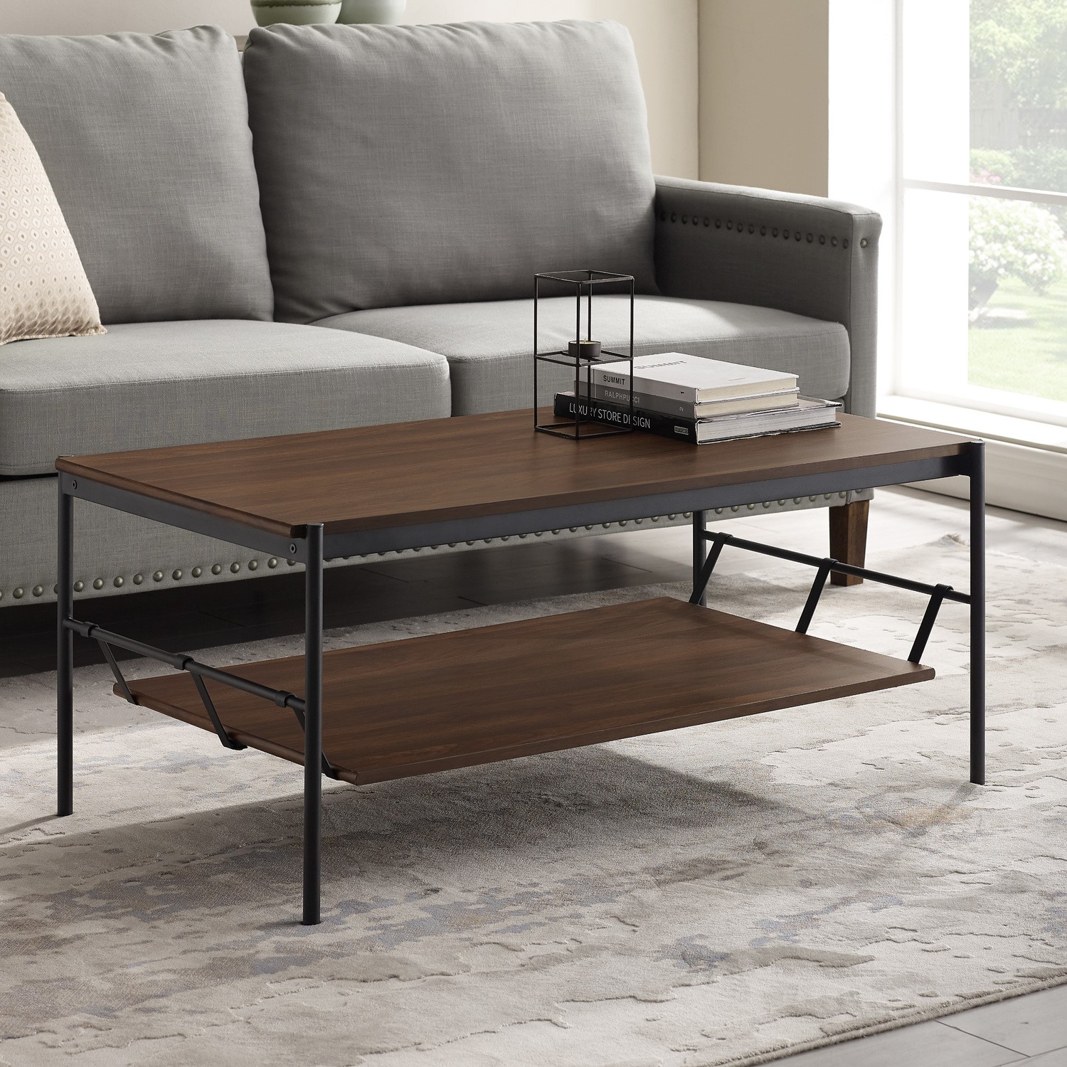 Dark Walnut Coffee Table with Industrial Black Metal Legs - Furniture123