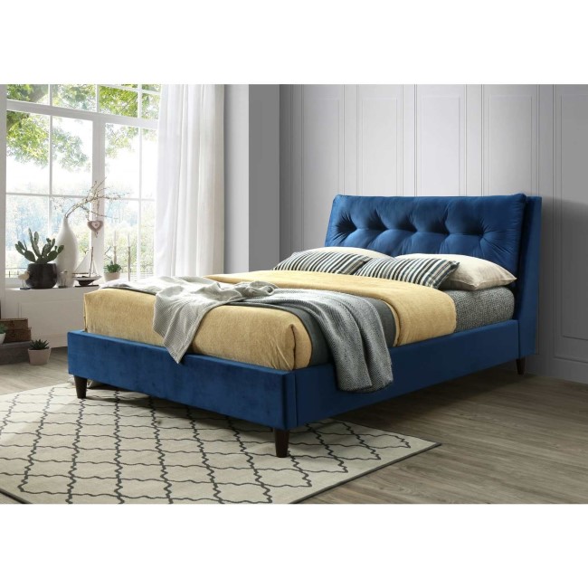 Amaya Buttoned Pillow Headboard Double Bed In Blue