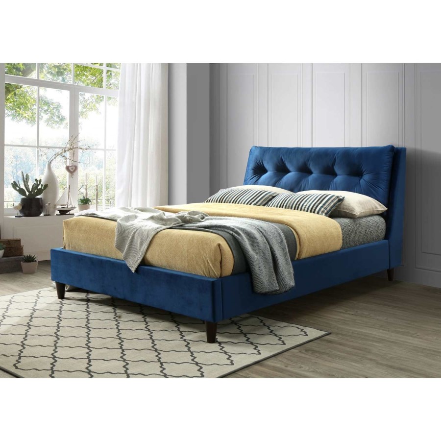 Amaya Buttoned Pillow Headboard King Size Bed In Blue