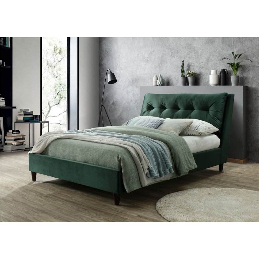 Amaya Buttoned Pillow Headboard King Size Bed In Green