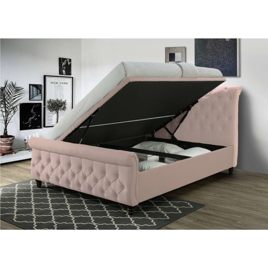 Anna Ottoman Scroll Headboard and Footboard King Size bed in Pink