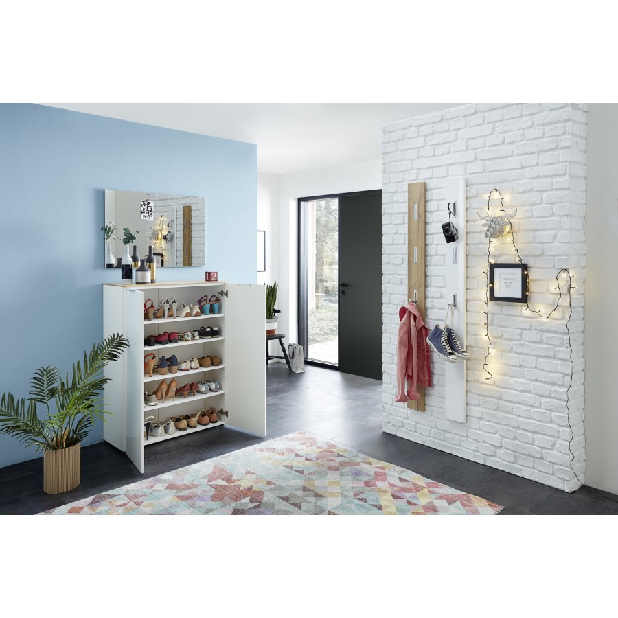 Cetano White Gloss Shoe Cabinet with Oak Top