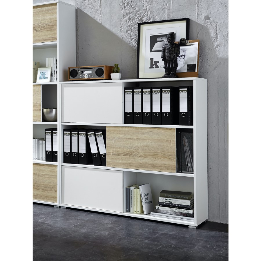 White and Oak Low Display Cabinet with sliding doors