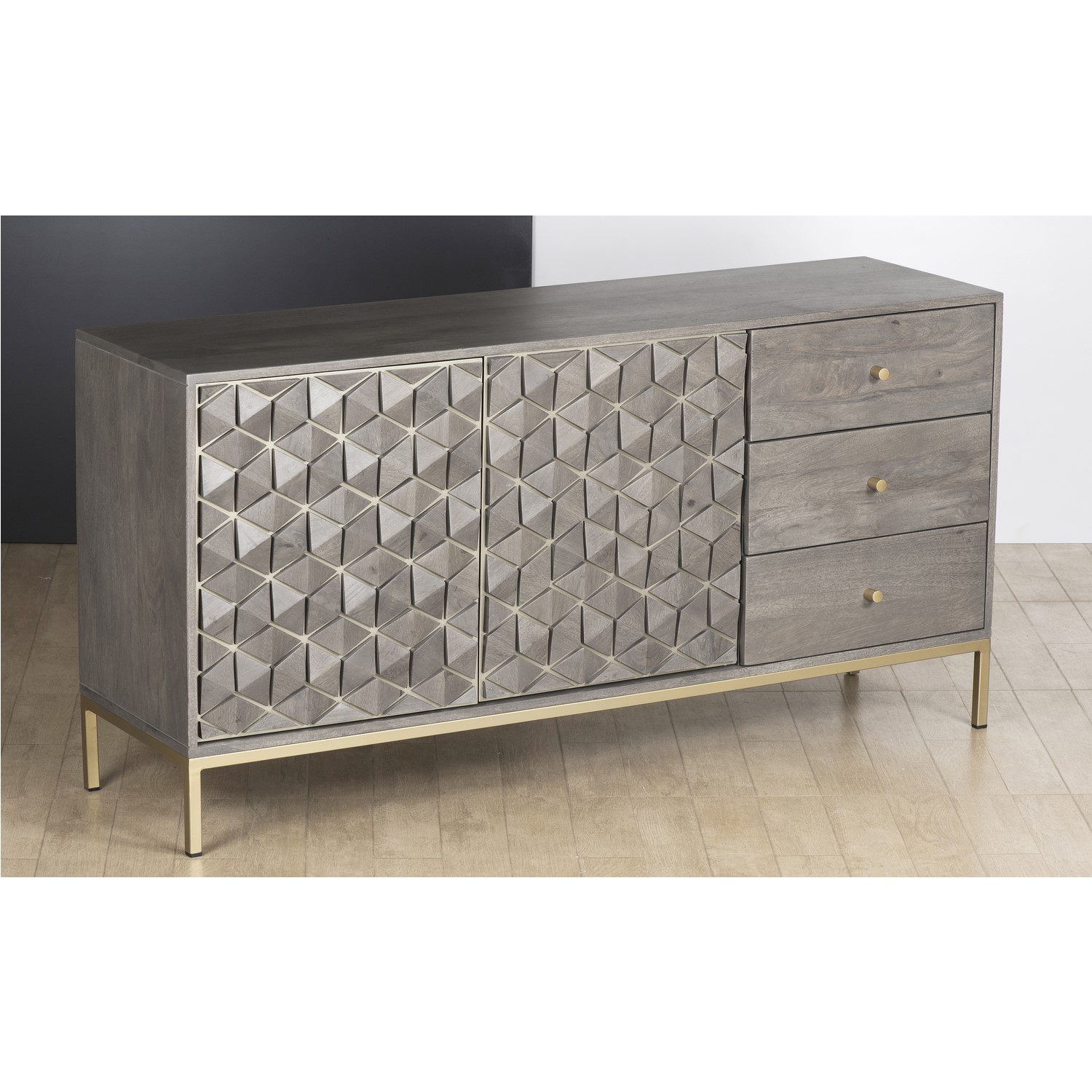 Photo of Large sideboard in grey wash with gold legs and drawers - alice