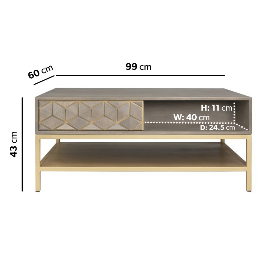 Small Grey Mango Wood Coffee Table with Drawers - Alice