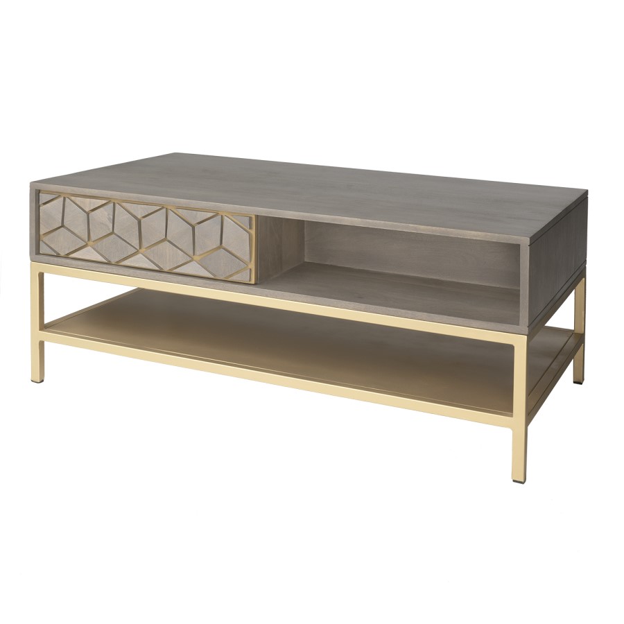 Small Grey Mango Wood Coffee Table with Drawers - Alice
