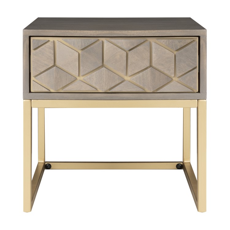 Grey Wash Side Table with Gold Legs and Storage Drawer - Alice