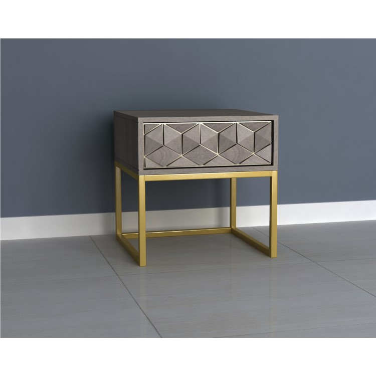 Grey Wash Side Table with Gold Legs and Storage Drawer - Alice