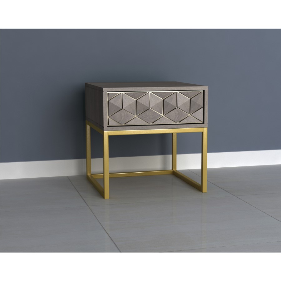 Grey Wash Side Table with Gold Legs and Storage Drawer - Alice