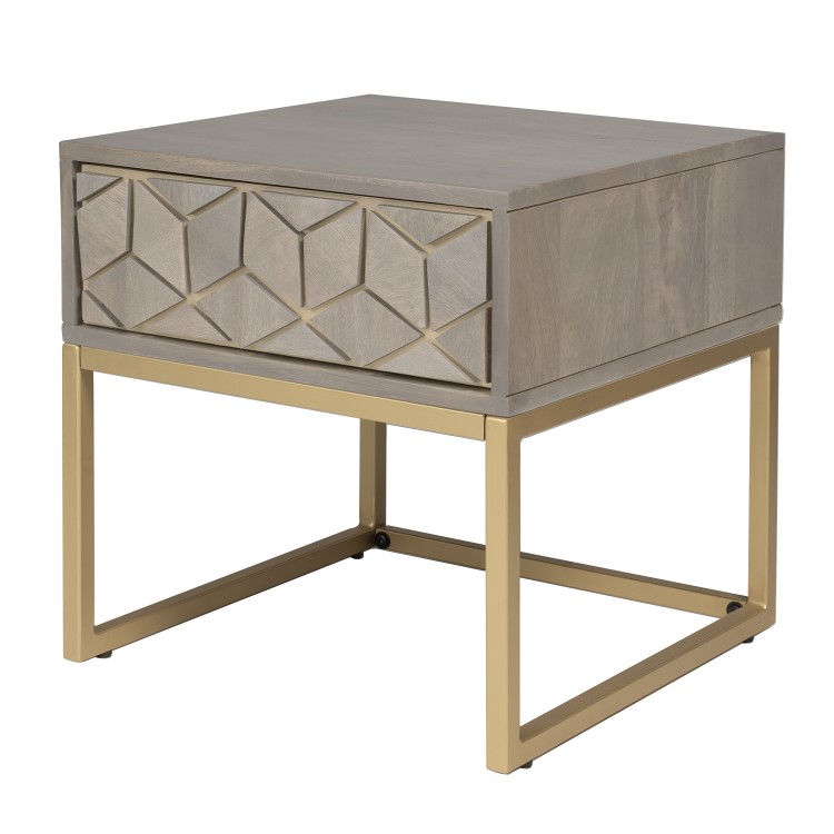 Grey Wash Side Table with Gold Legs and Storage Drawer - Alice