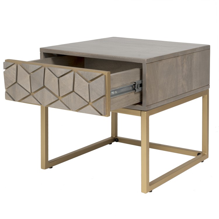 Grey Wash Side Table with Gold Legs and Storage Drawer - Alice