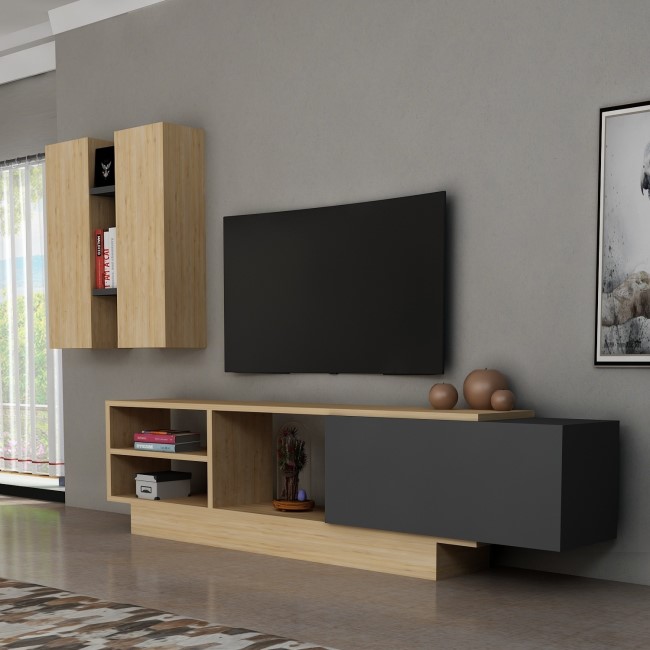 Dark Grey & Oak TV Stand with Wall Hanging Unit