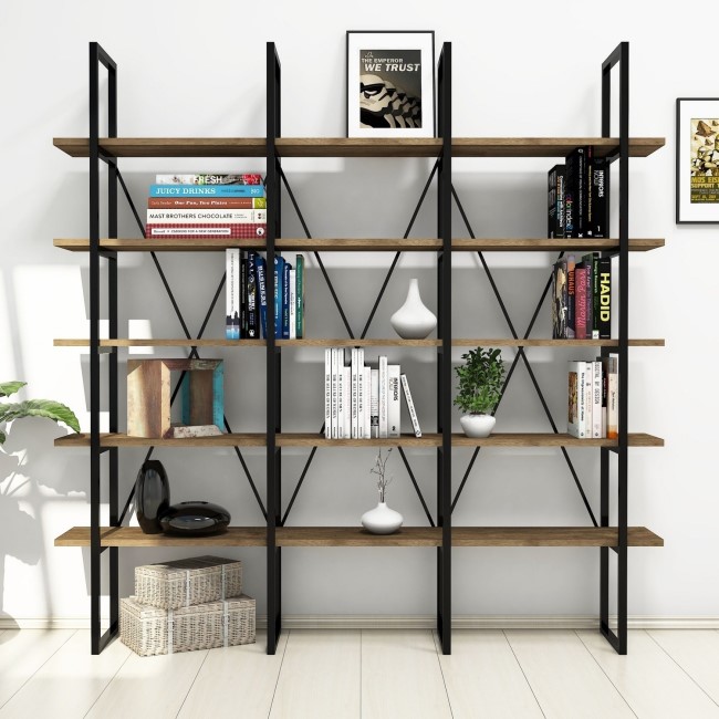 Large Walnut Industrial Bookcase with Black Metal Frame