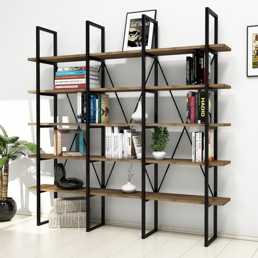 GRADE A1 - Large Industrial Bookcase in Walnut with Black Metal Frame