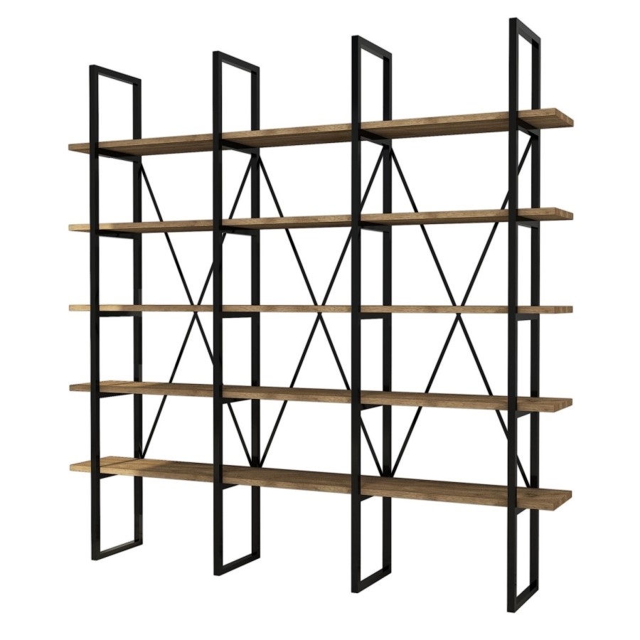 GRADE A1 - Large Industrial Bookcase in Walnut with Black Metal Frame