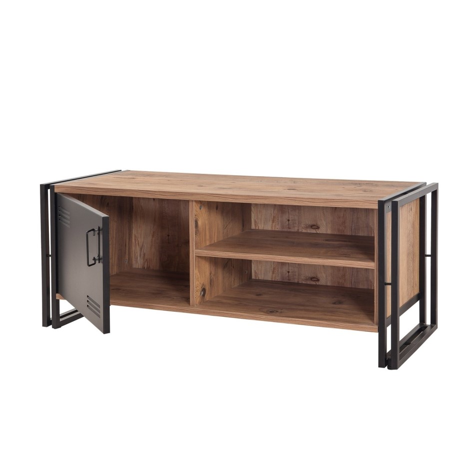 Pine and Black Metal Industrial Style TV Stand | Furniture123