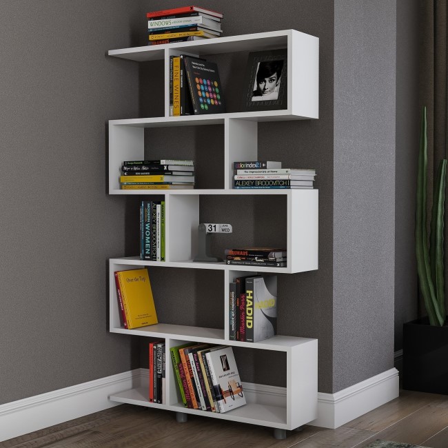 White Geometric Bookshelf with 5 Shelves