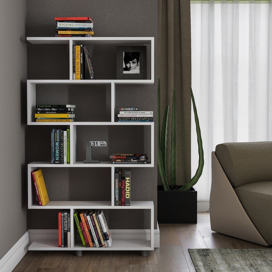 White Geometric Bookshelf with 5 Shelves | Furniture123