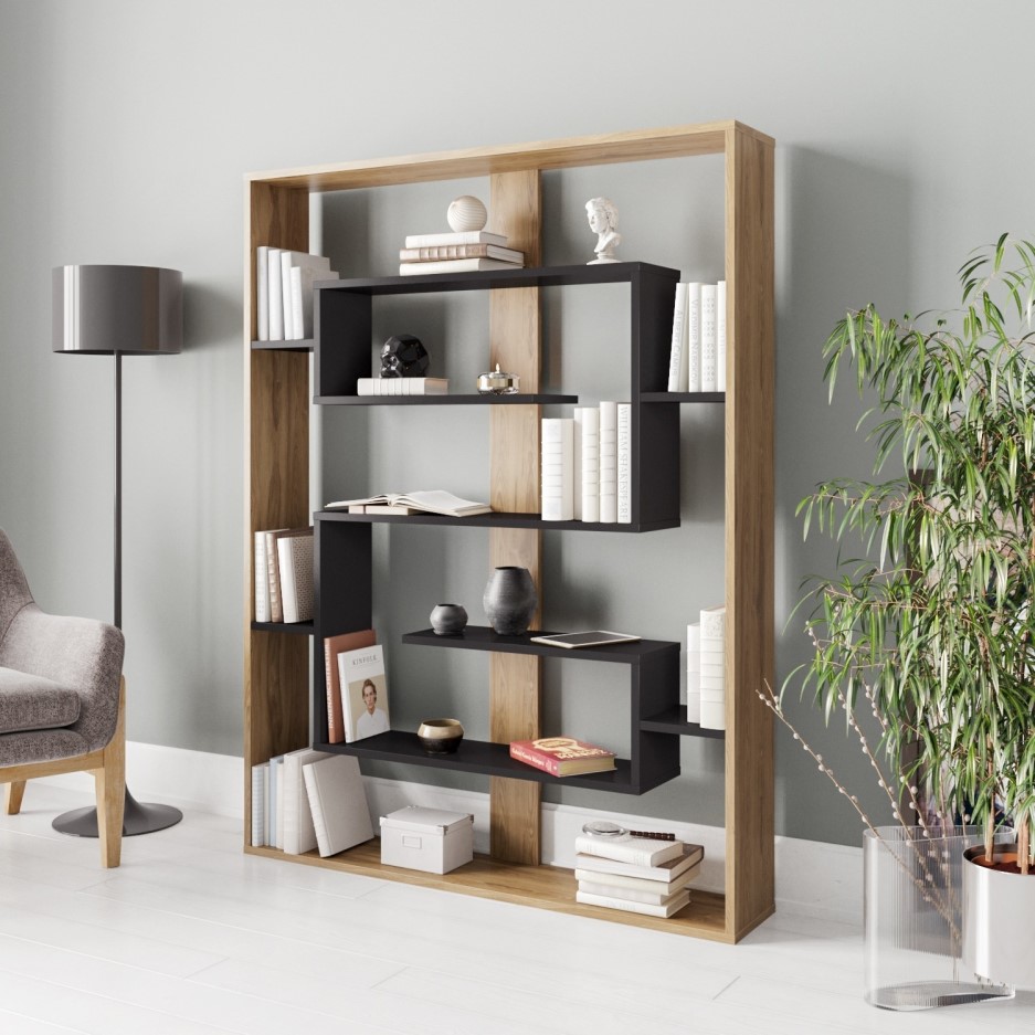 Geometric Bookcase In Black And Oak Furniture123