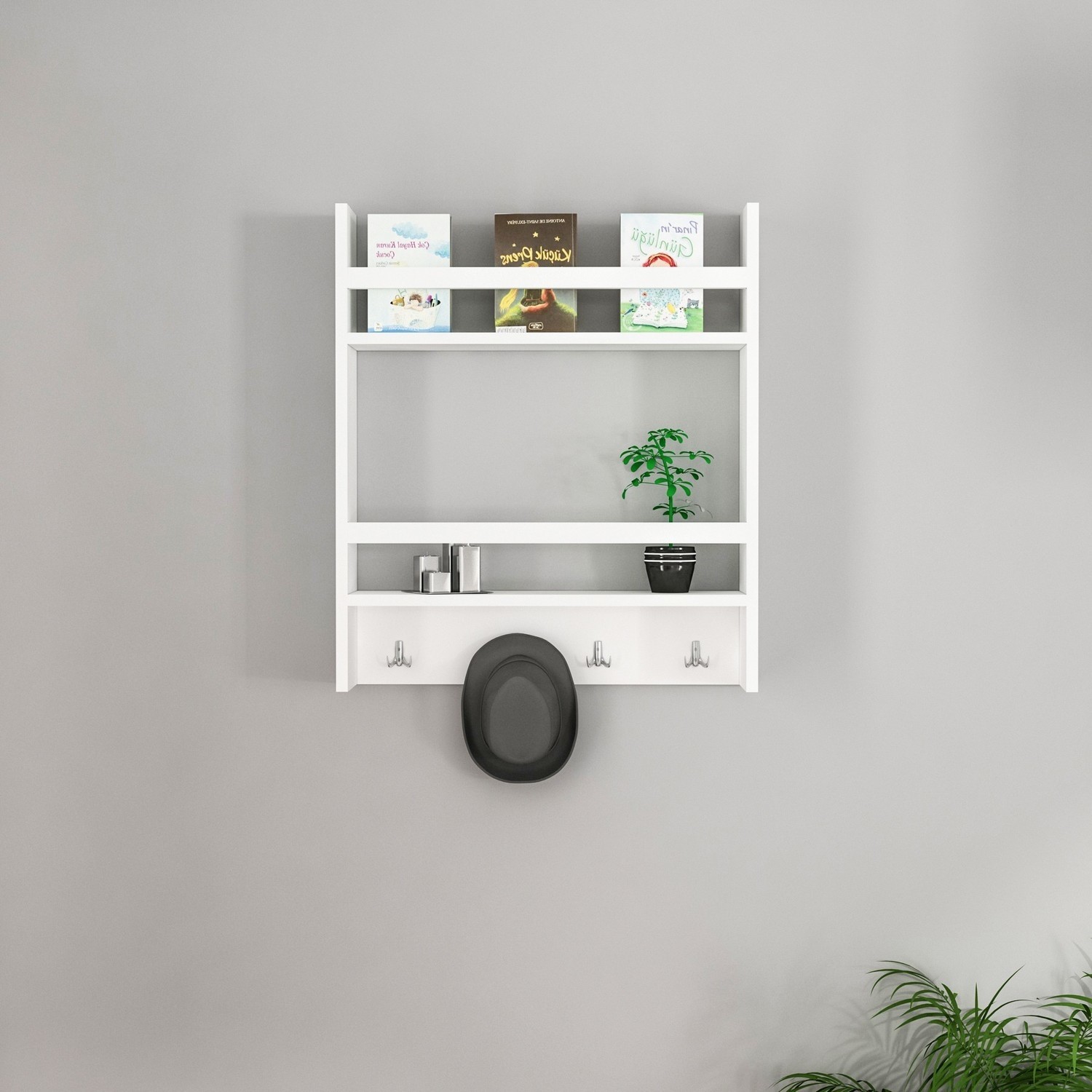 White Wall Hanging Shelf with Coat & Hat Hooks - Furniture123