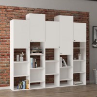 White Large Geometric Bookcase with Open and Hidden Shelves