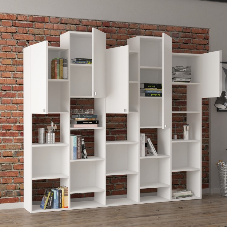 White Large Geometric Bookcase with Open and Hidden Shelves