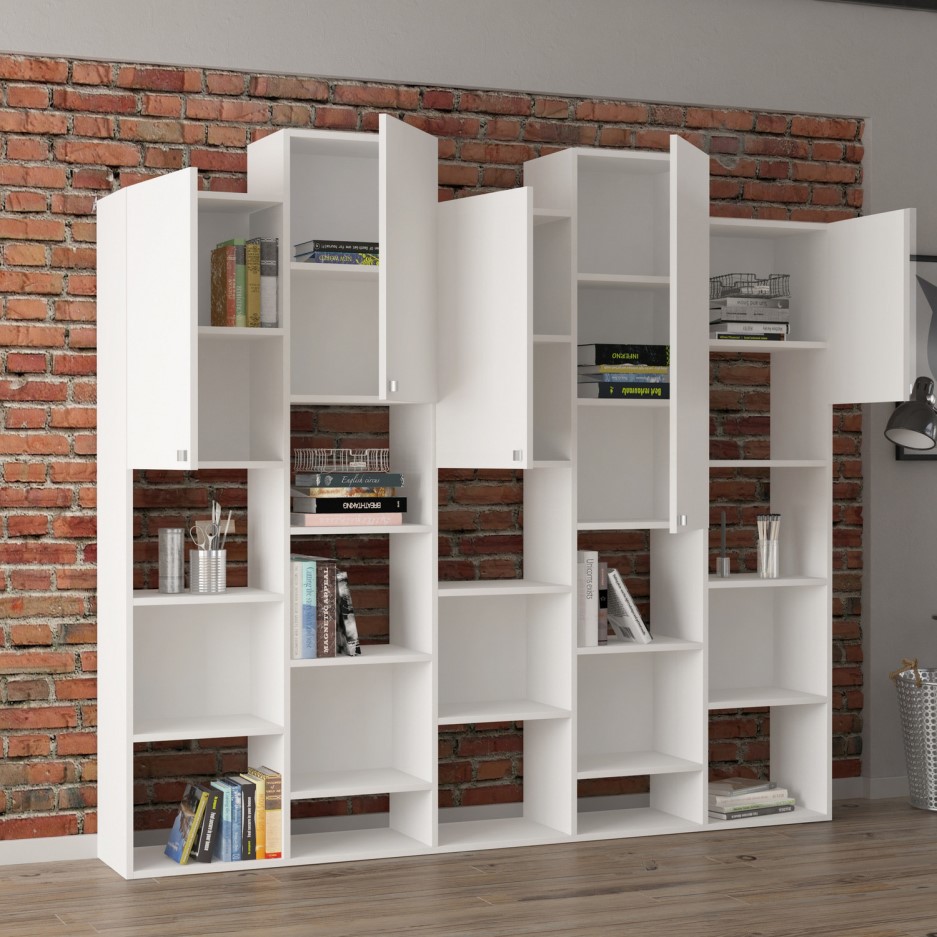 White Large Geometric Bookcase with Open and Hidden White Large Geometric Bookcase with Open and Hidden