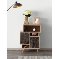 Small Wooden Display Cabinet with Black Marble Effect Doors